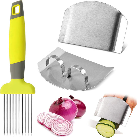 Stainless Steel Onion Slice Holder with Finger Guard for Cutting, Onion Holder for Slicing, Tomato Slicer Vegetable Cutter for Potato, Lemon (Green)
