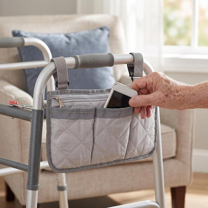 Amosfun Bed Rail Storage Pouch with Zipper Pocket and Integrated Cup Holder, Pongee Material Organizer for Wheelchairs and Mobility Devices, Easy Clean Bedside Rail Caddy for Hospitals