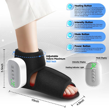 Portable Air Compression Foot Massager with Heat,4 Heat 4 Modes 3 Airbags,Smart Timer,Cordless Ankle Compression Massage for Muscle Relaxation & Fatigue Relief,Gifts for Men Women(Size 5 to 9, 1PC)