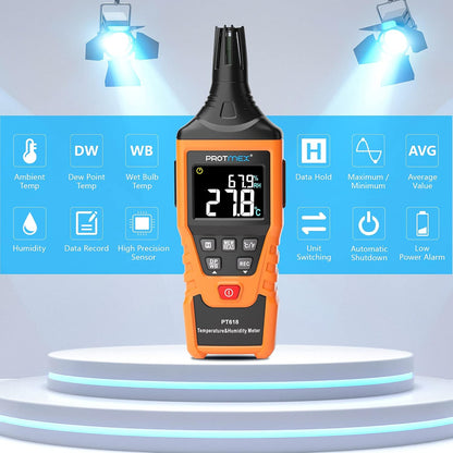 PT6508 Temperature Humidity Meter - Wet Bulb for Indoor/Outdoor | Digital Thermometer Hygrometer Monitor with Ambient, Dew Point, MIN, MAX, Data Hold, LCD Backlight