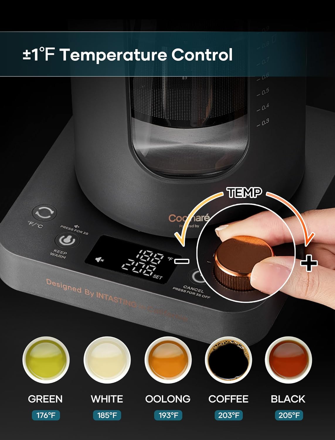 INTASTING Electric Kettle, Electric Tea Kettle with Infuser, 1 Liter | ±1℉ Temperature Control, 1200W Fast Heating, BPA-Free Glass, Easy to Clean, Keep-warm, Auto shut-off, Dark Gray