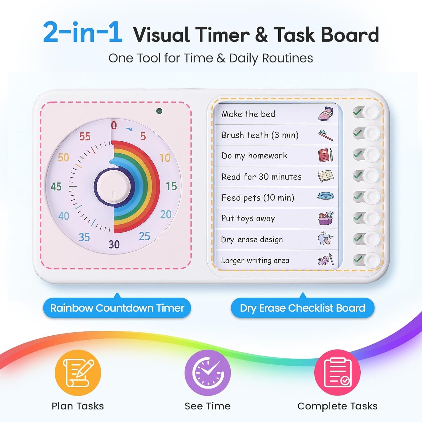 2-in-1 Visual Timer ADHD with Task Board, to-Do List, Checklist | Dry Erase Chore Chart and Visual Schedule for Kids ADHD, Rainbow Countdown Timer for Classroom, Home, Homeschool (White)