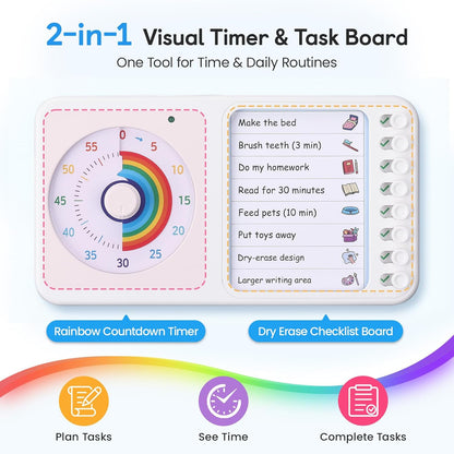 2-in-1 Visual Timer ADHD with Task Board, to-Do List, Checklist | Dry Erase Chore Chart and Visual Schedule for Kids ADHD, Rainbow Countdown Timer for Classroom, Home, Homeschool (White)