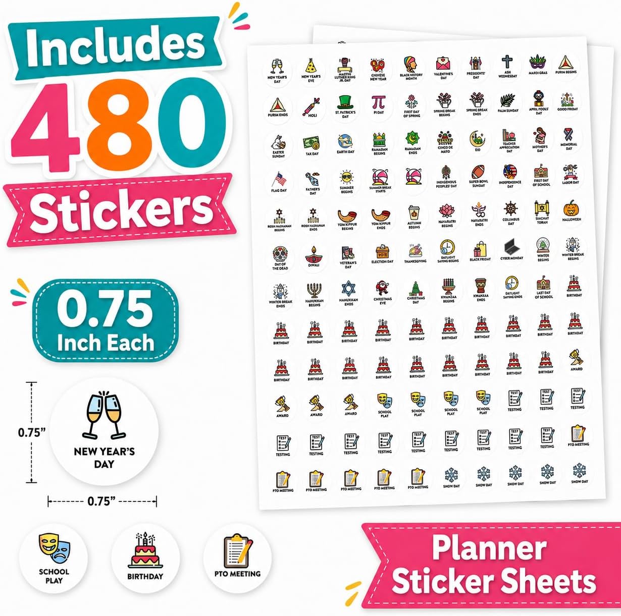 Andaz Press Colorful 7 Days of Week Stickers, Day Week Calendar Stickers for Adults Planner Day Dots Food Labels for Food Containers Date Calendar Planner Stickers Week Day Sticker Labels, 480-Pack