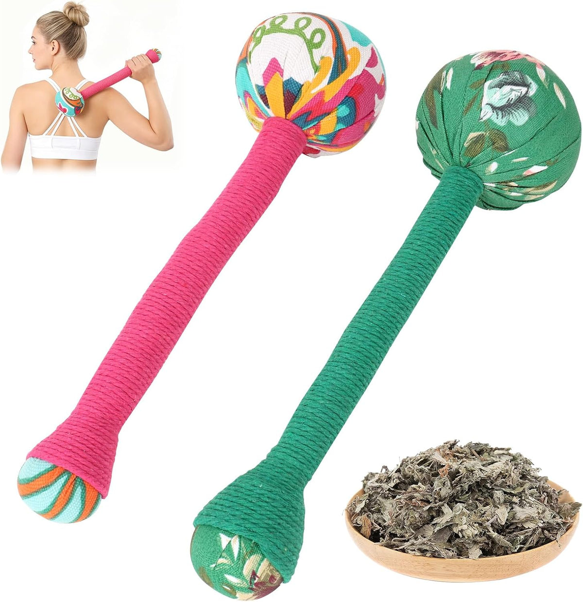 2PCS Herbal Wormwood Lymphatic Drainage Anti Slip Manual Massage Hammer Longer Handle Back Massager for Shoulder, Neck & Muscle Pain Relief (Rose Red/Dark Blue)
