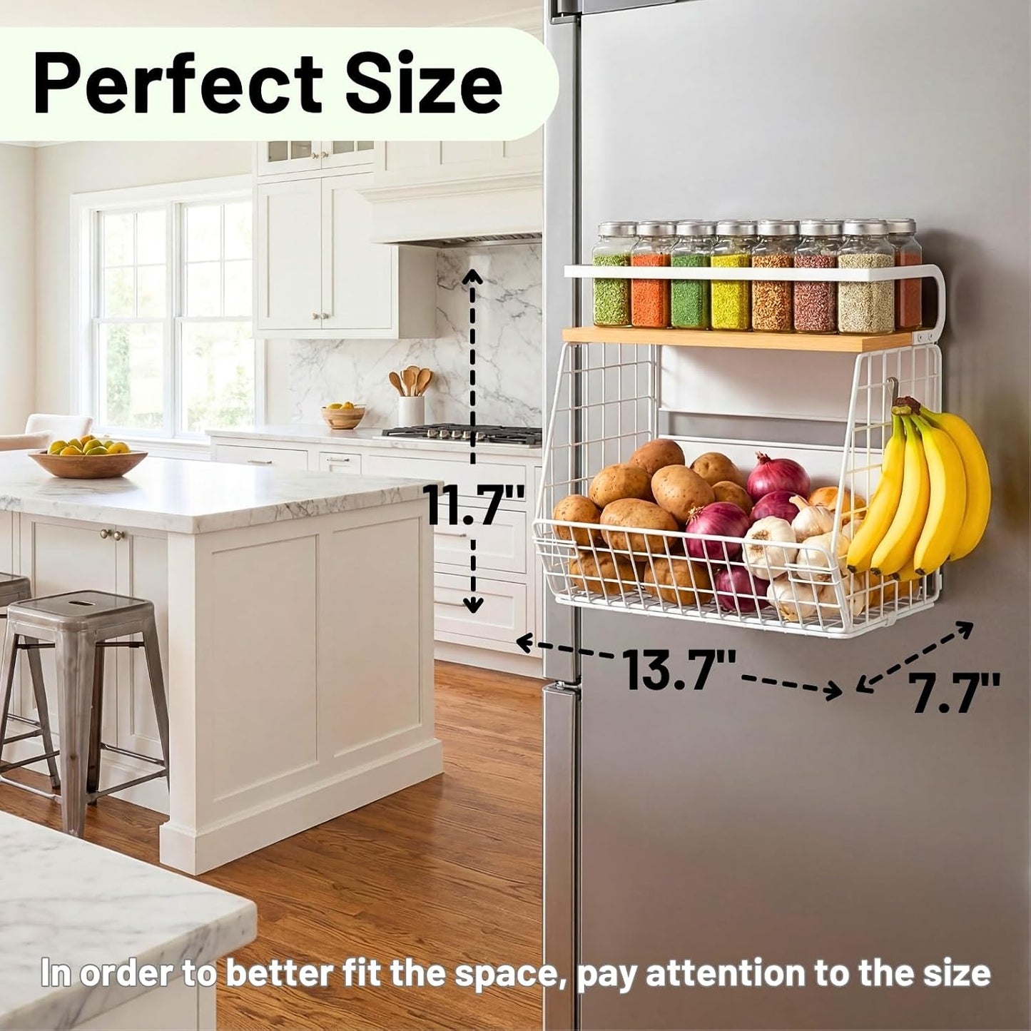 Magnetic Shelf for Fridge with Wood Lid, Fruit Potato and Onion Storage Bins, Pantry Organizers & Storage, Large Container Magnetic Spice Rack for Refrigerator, Kitchen Counter, Cabinet | Strong magnet holds 50lbs, ventilated bin for produce, versatile