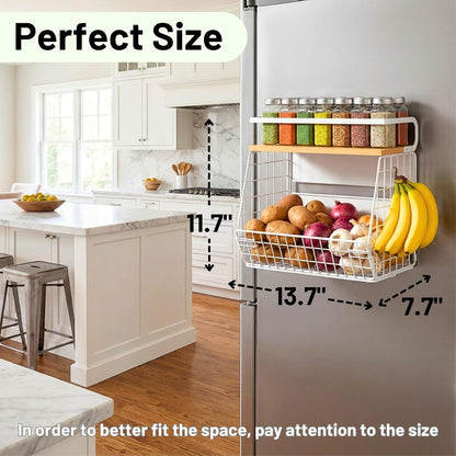 Magnetic Shelf for Fridge with Wood Lid, Fruit Potato and Onion Storage Bins, Pantry Organizers & Storage, Large Container Magnetic Spice Rack for Refrigerator, Kitchen Counter, Cabinet | Strong magnet holds 50lbs, ventilated bin for produce, versatile