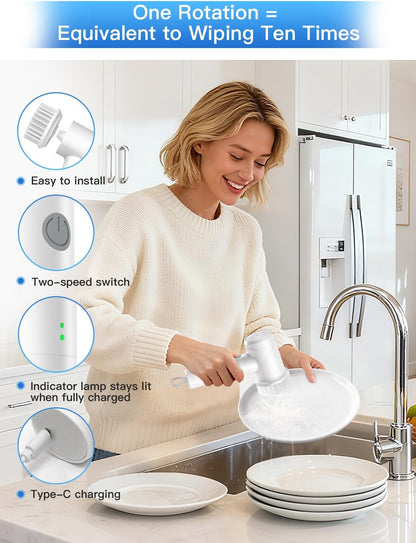 Electric Spin Scrubber - Cordless IPX7 Waterproof Shower Scrubber with 2 Speed Settings and 6 Replaceable Heads，Electric Cleaning Brush for Bathroom，Kitchen and Windows