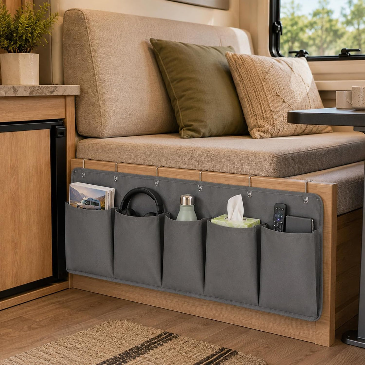 Rv Bedside Storage Organizer, 5 Pocket Camper Van Bed Caddy Bag, Grey