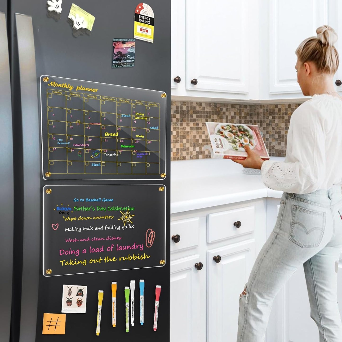 Acrylic Calendar for Fridge, Monthly Clear Acrylic Magnetic Dry Erase Board for Refrigerator, Set of 2 Stronger-Magnetic Reusable Fridge Planner, Includes 6 Liquid Chalk Markers