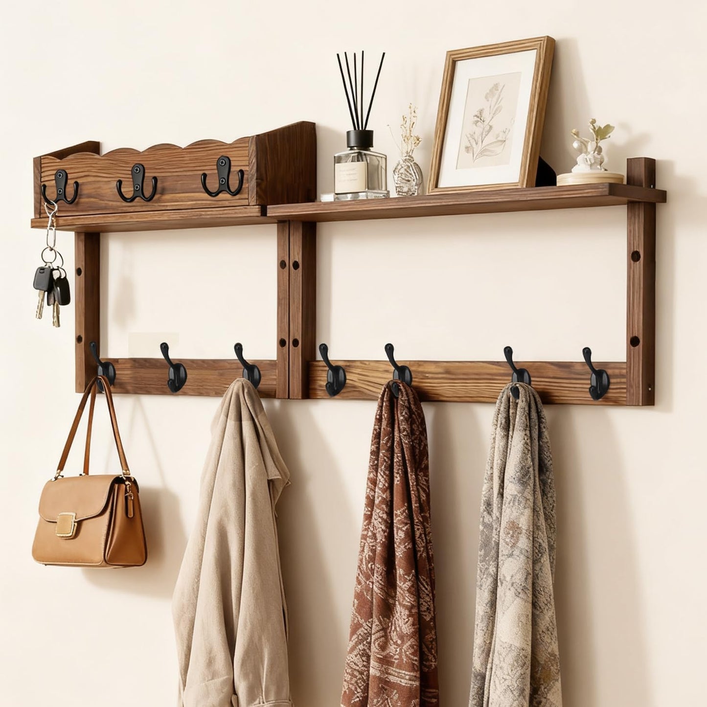 28" Coat Rack Wall Mount with Shelf with 7 Hooks 3 Key Hanger | Entryway Key Holder Wall Mount Wood Wall Coat Hooks, Wall Mounted Coat Rack Mail Holder for Living Room, Bedroom