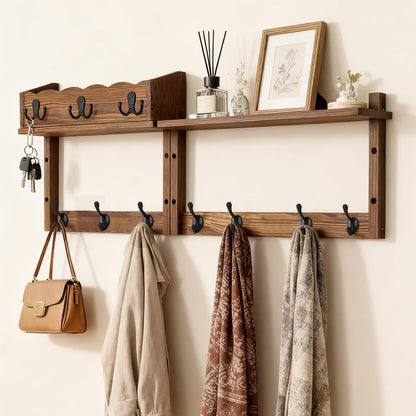 28" Coat Rack Wall Mount with Shelf with 7 Hooks 3 Key Hanger | Entryway Key Holder Wall Mount Wood Wall Coat Hooks, Wall Mounted Coat Rack Mail Holder for Living Room, Bedroom