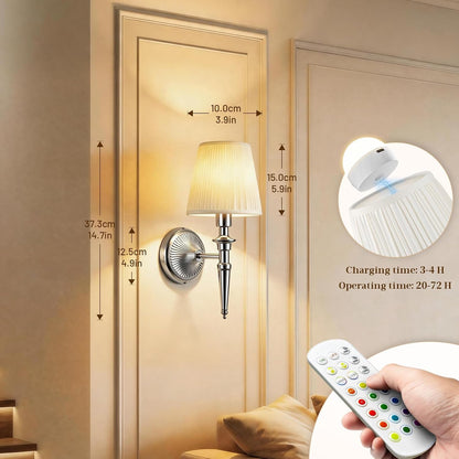 Battery Operated Wall Sconces Set of 2, Wireless Rechargeable Wall Lights with 12 RGB Colors and 3CCT Dimmable, Small Fabric LED Wall Lamps for Bedroom, Living Room, Hallway, Gold