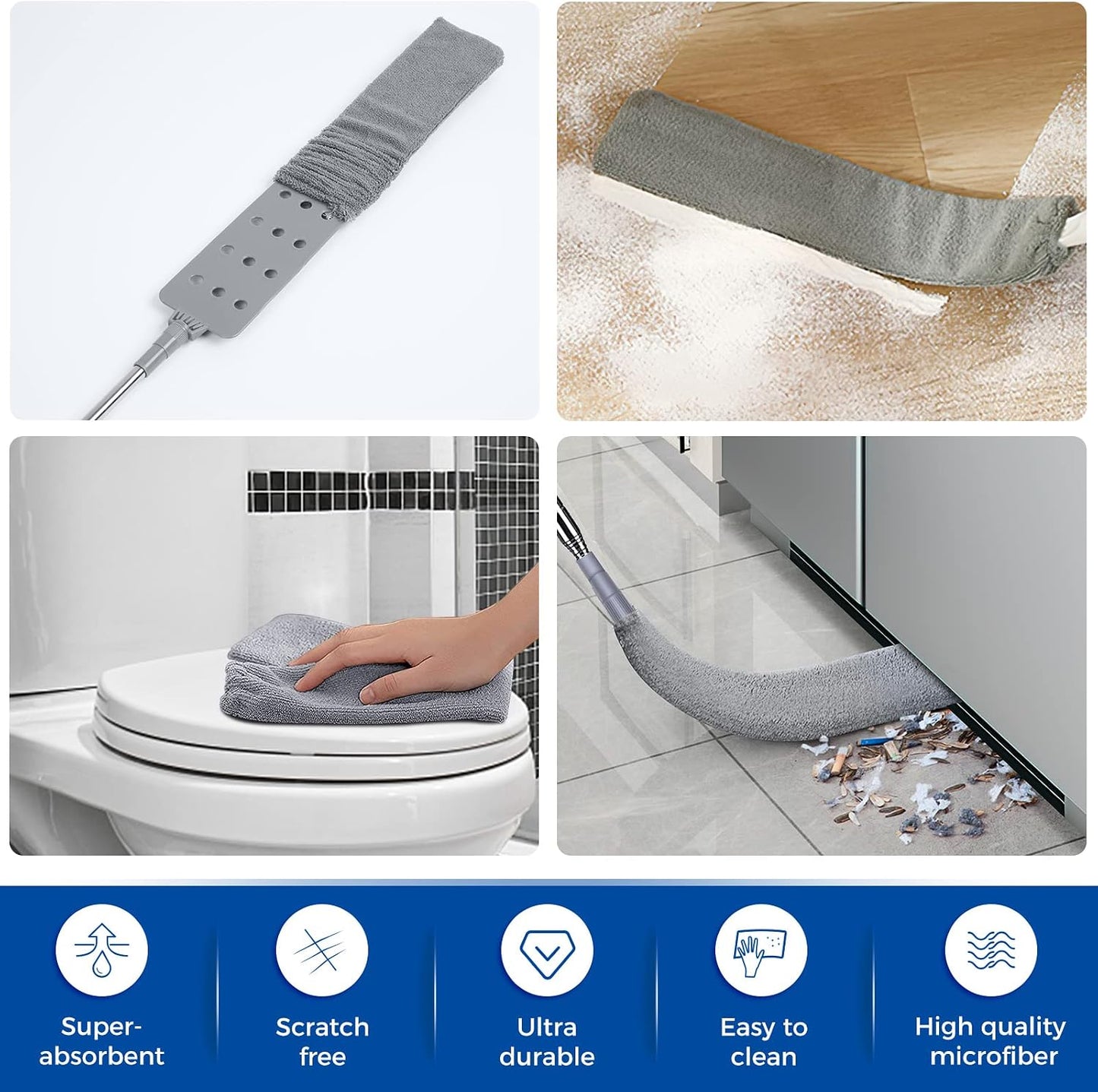Retractable Gap Dust Cleaner Cleaning Tools with 2 Microfiber Dusting Cloths Long Handle 60inches Washable and Retractable Duster Brush for Cleaning Under Appliances Furniture Couch Fridge