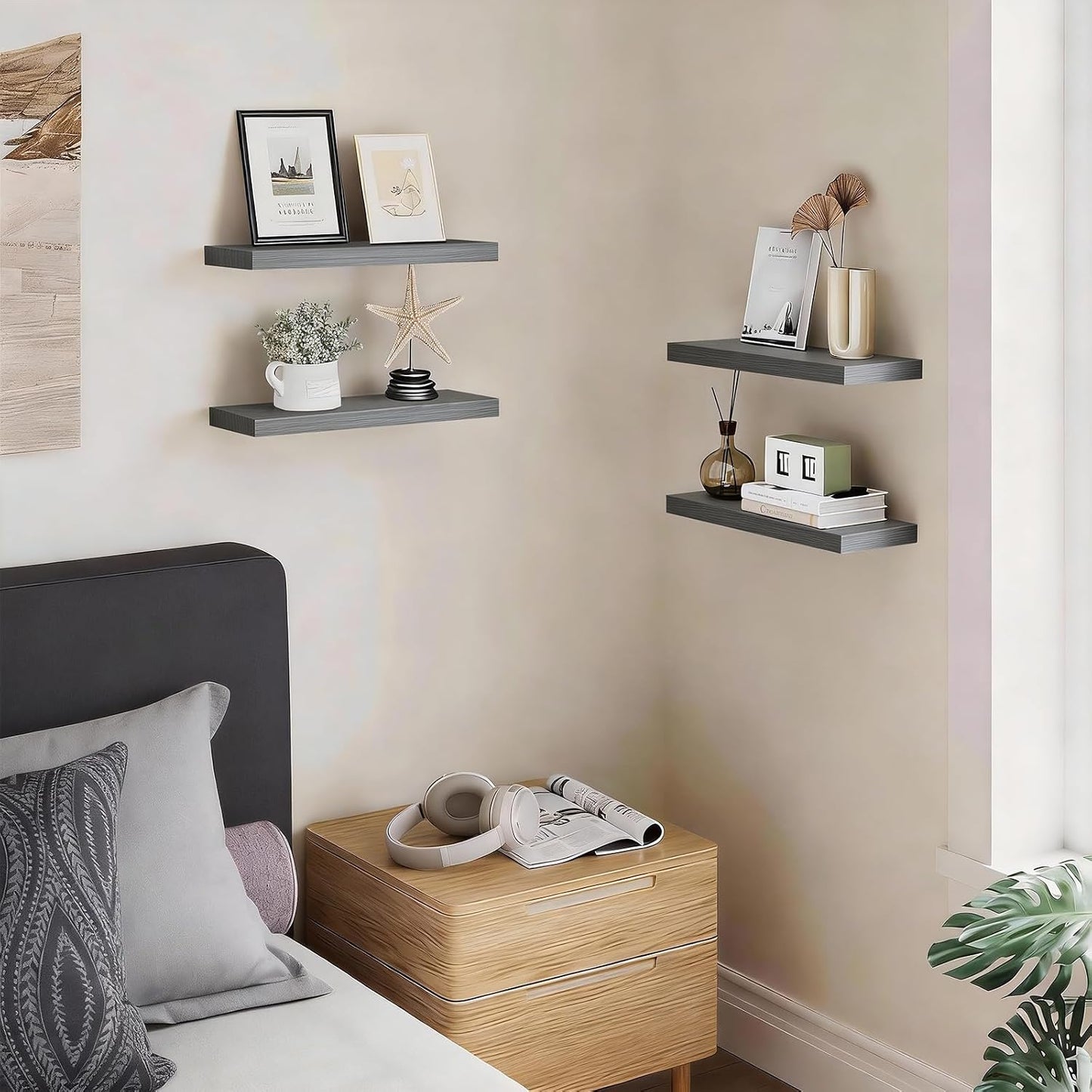 BAYKA Rustic Brown Floating Shelves 22.5in, Set of 2, Wall Mount Wood Shelf | Easy Install, 22lbs Max Load, Hidden Bracket, for Bathroom Bedroom Living Room or Kitchen, Hanging Shelf Book Decor Storage