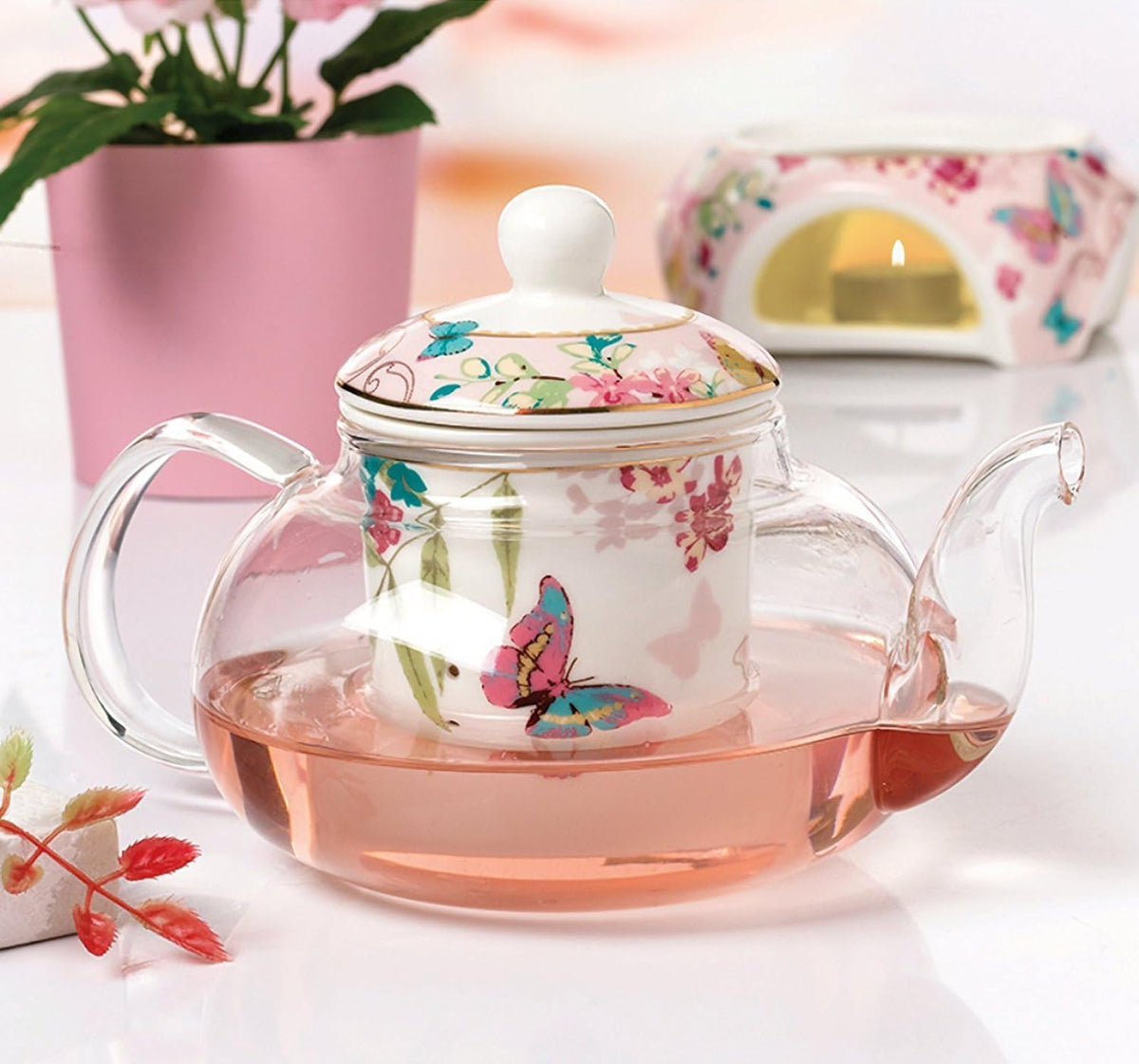 YBKTEX Glass Teapot with Ceramic Warmer- Butterflies Pattern (Pink)