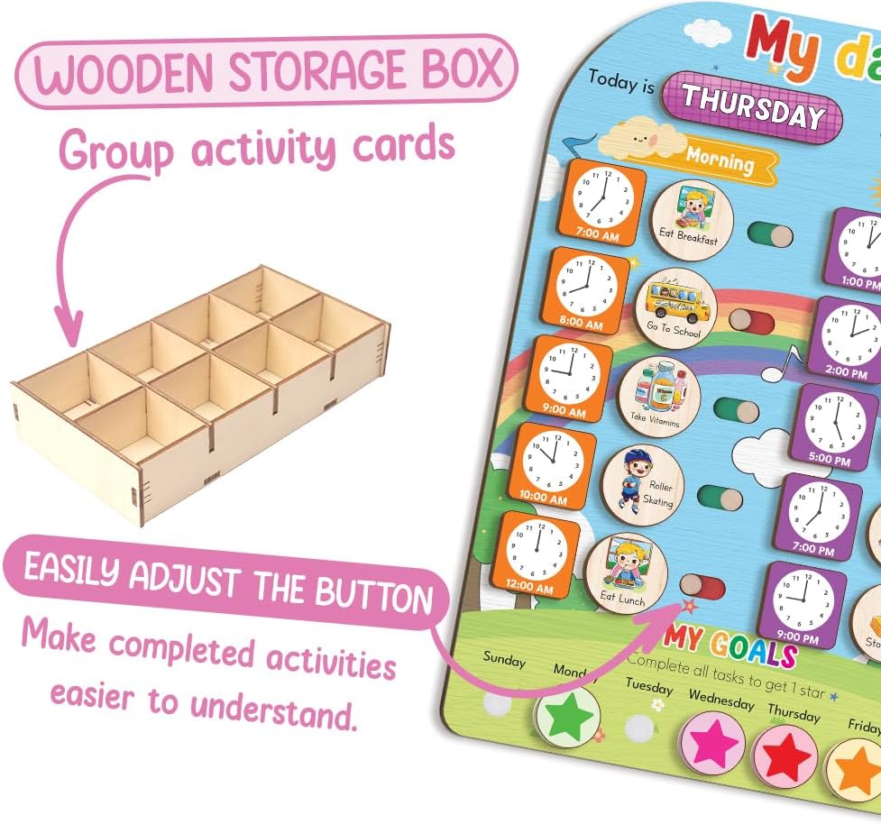 TinyKidz Wooden Daily Routine Chart 11x15, Schedule Board for Kids, Wooden Chore Chart for Kids, Responsibilities Chart for Toddlers, Morning Bedtime Routine for Toddlers