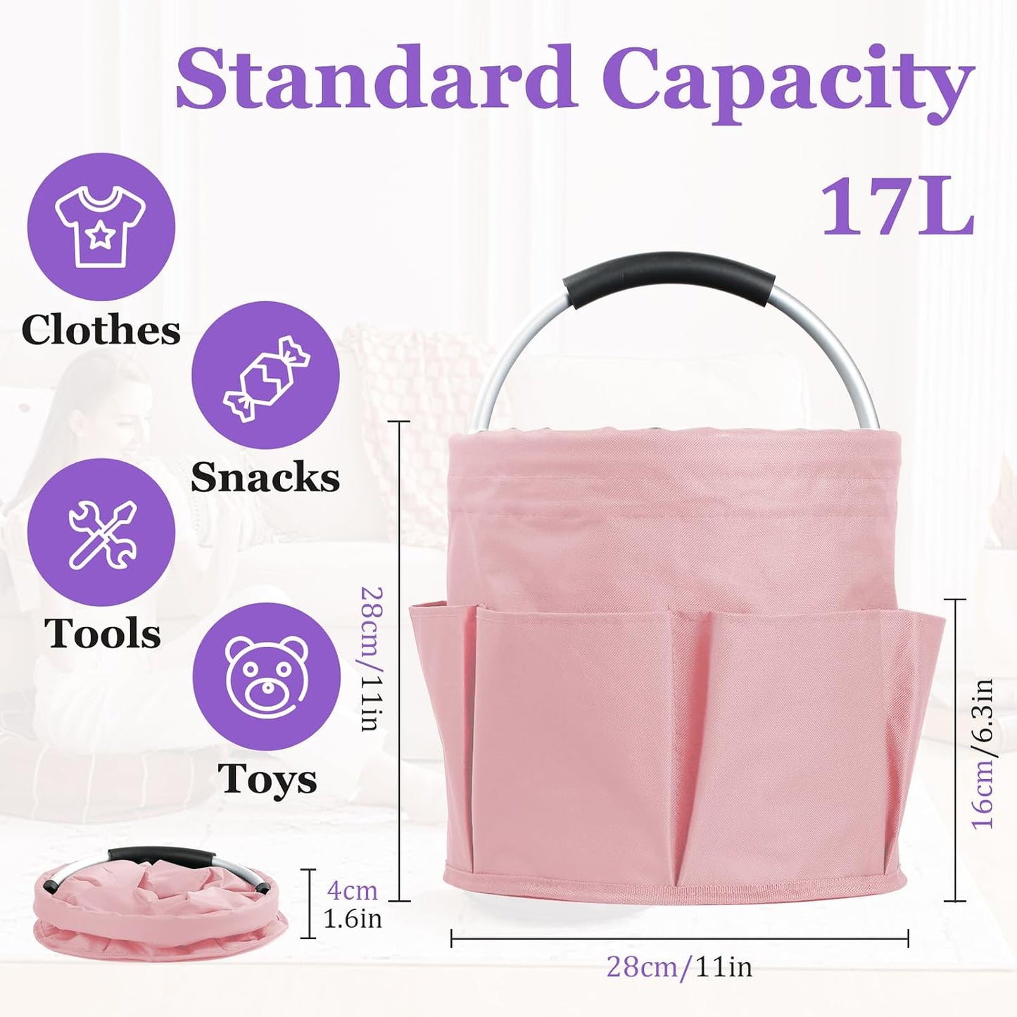 17L Cleaning Caddy with Handle and 6 Pockets, Foldable Cleaning Supply Caddy, Portable Shower Caddy in 600D Oxford Fabric, Multifunctional Storage Basket for Camping, Gardening, Black