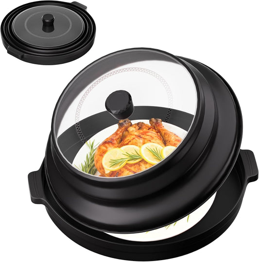 2 in 1 Microwave Splatter Cover for Food with Anti-scald Base Plate, Large Plastic & Silicone Collapsible Vented Food Guard Lid, Plate Holder & Kitchen Colander (Black)