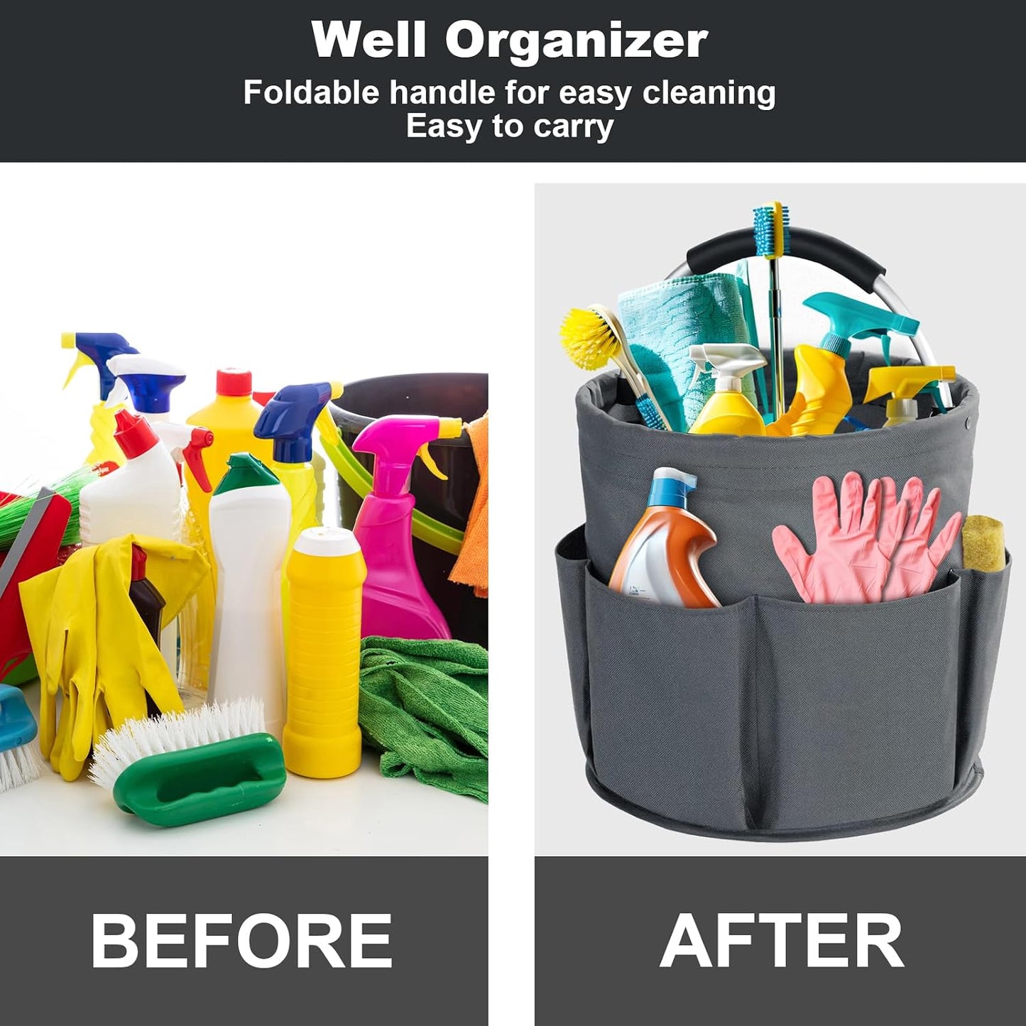 Cleaning Caddy with Handle, Cleaning Products Organiser, 17L Foldable Storage Basket, Cleaning Caddy Organiser, Portable Multi Cleaning Bucket Bag for Home, Garden (Black)