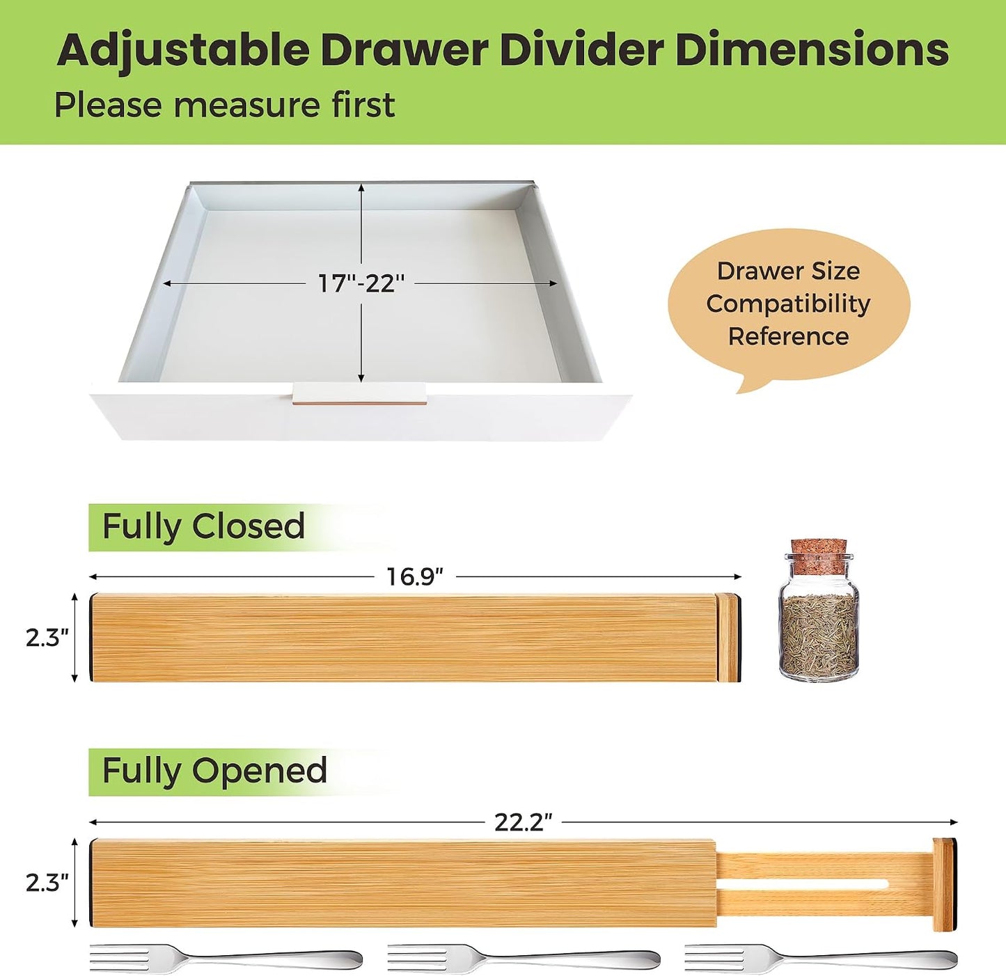Fyvva Drawer Organizer, Spring-Loaded Expandable Bamboo Dividers 8-Pack | Large Kitchen Drawer Organizer, Adjustable 16.9 to 22.2 in, 2.3in High Non Slip for Kitchen Clothes Bathroom Office Natural