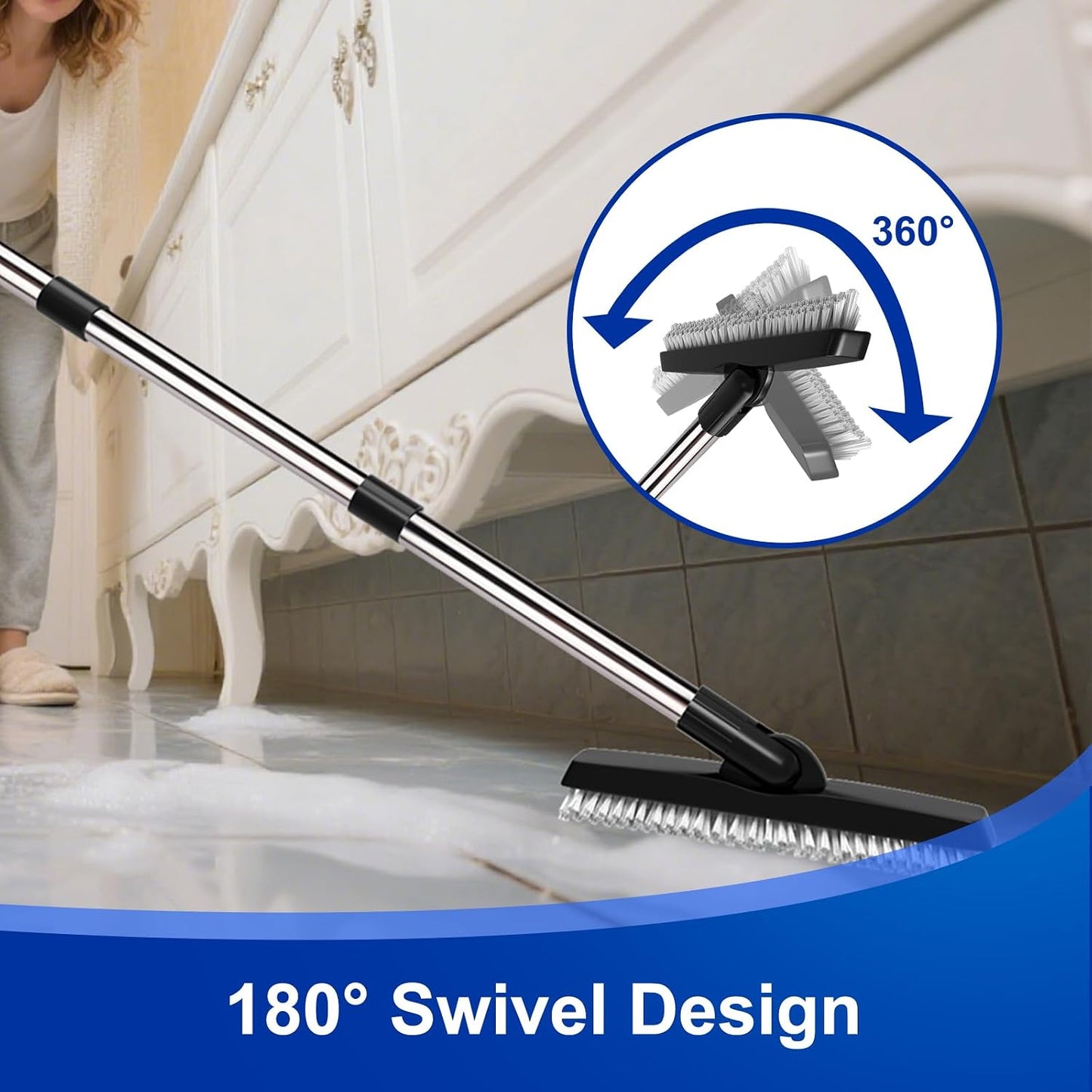 BITOPE Grout Brush Cleaner with Adjustable Long Handle Swivel V-Shaped Stiff Bristles Scrubber for Cleaning Tile Crevice Line Corner Bathroom Shower Baseboards Hard to Reach Areas-56 inch