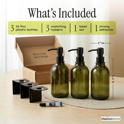 MaisoNovo Shampoo and Conditioner Dispenser|Refillable Black Set of 3 | 500 ml Shower Gel Dispenser Set of 3. Refillable Shampoo and Conditioner Bottles. Drill Free Secure Design. Black