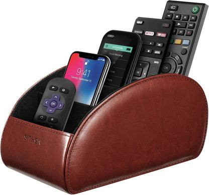 SITHON Remote Control Holder with 5 Compartments | PU Leather Remote Caddy Desktop Organizer Store TV, DVD, Blu-Ray, Media Player, Heater Controllers, Stripe Black