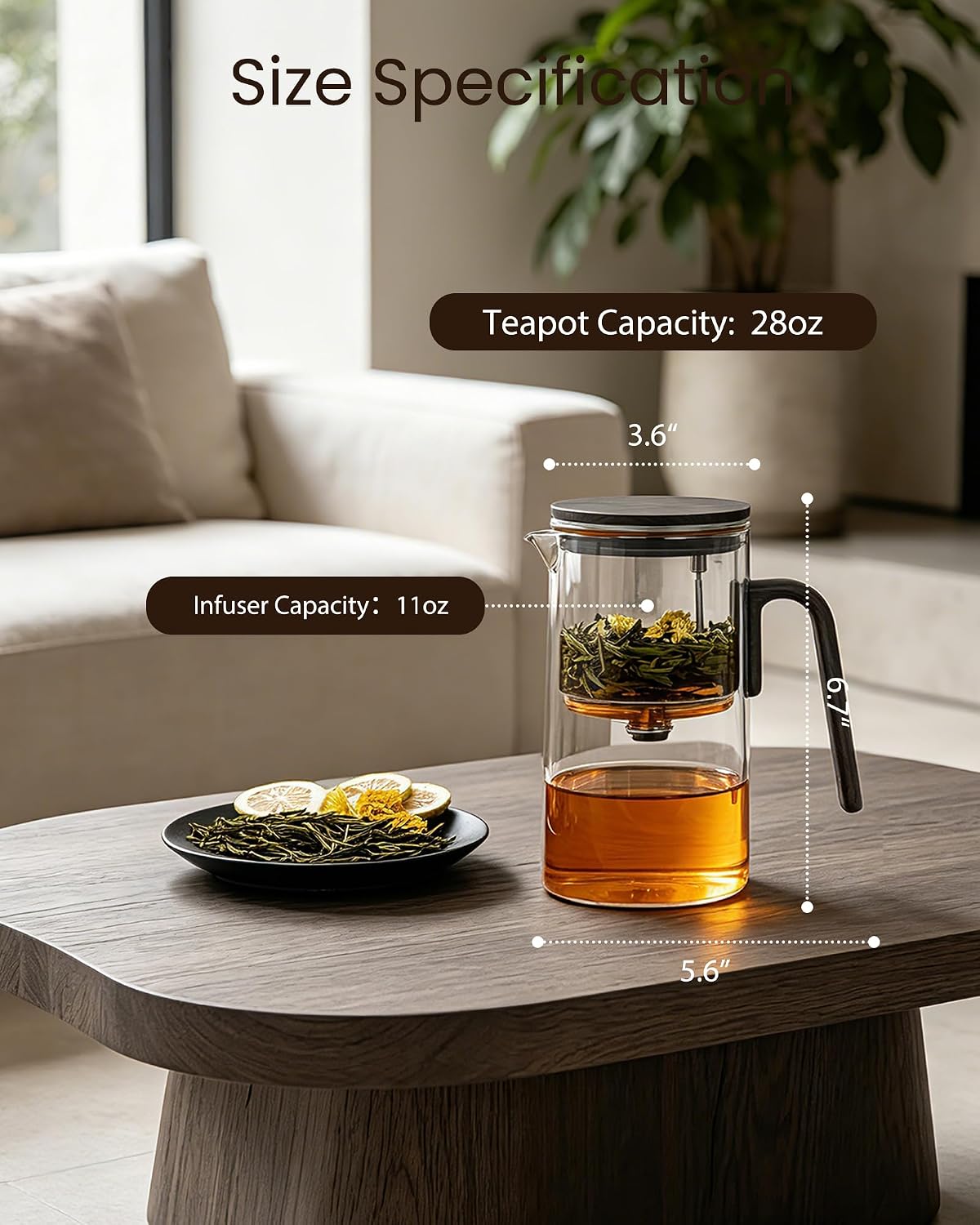ZENS Magnetic Glass Infuser Teapot for Loose Tea, 27oz Walnut Wood Handle | Magic Teapot with Infuser, Echanted Tea Maker, Mess-Free Loose Leaf Tea Diffusers for Tea lover Gifts