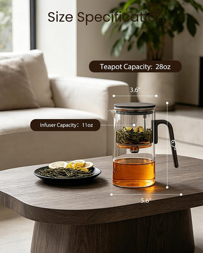 ZENS Magnetic Glass Infuser Teapot for Loose Tea, 27oz Walnut Wood Handle | Magic Teapot with Infuser, Echanted Tea Maker, Mess-Free Loose Leaf Tea Diffusers for Tea lover Gifts