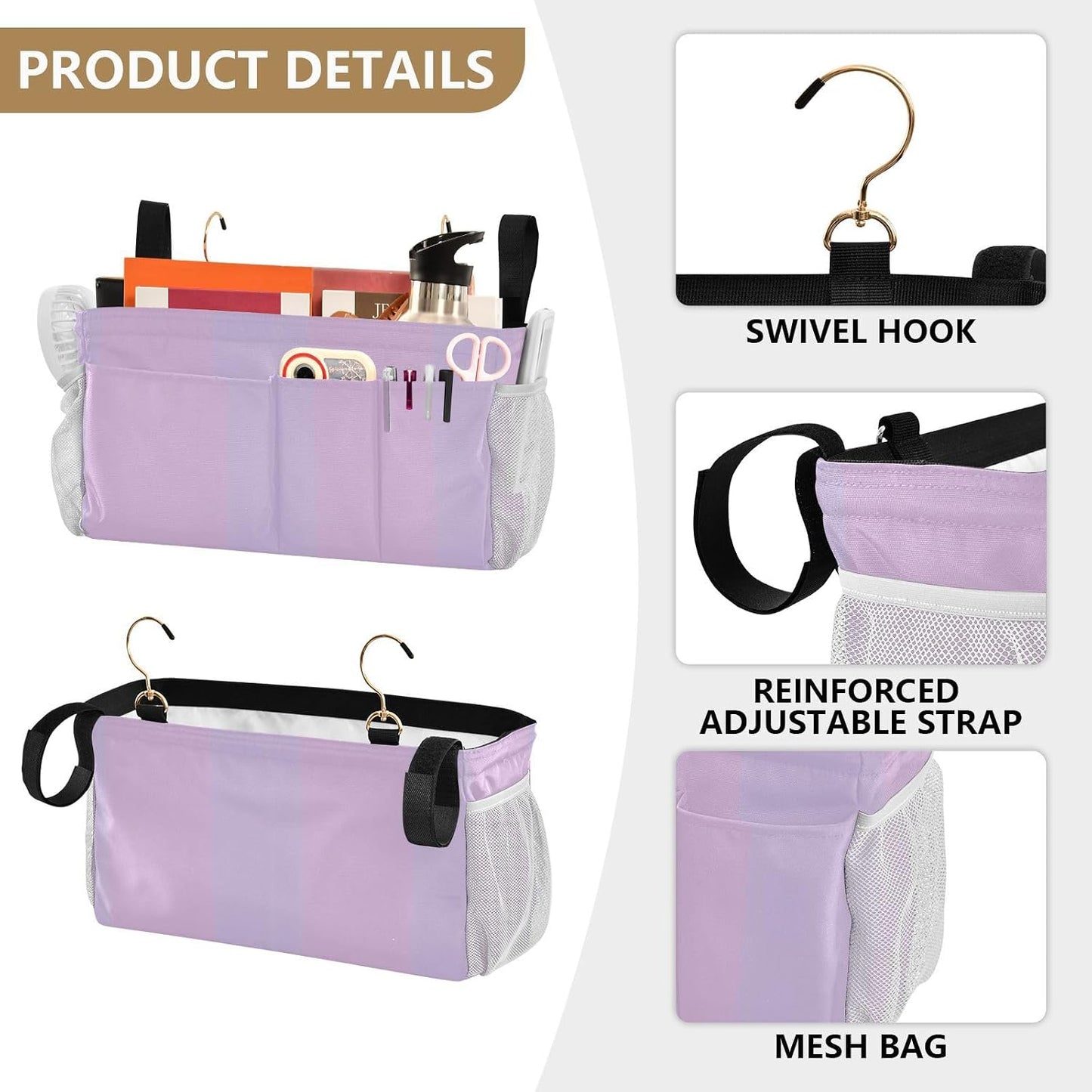 YETTASBIN Purple Bedside Caddy Hanging Storage Organizer Bag with 2 Straps & Hooks for Bunk Beds, College Dorm, Hospital Bed - Holder for Books, Phone, Magazine, Glasses, Keys