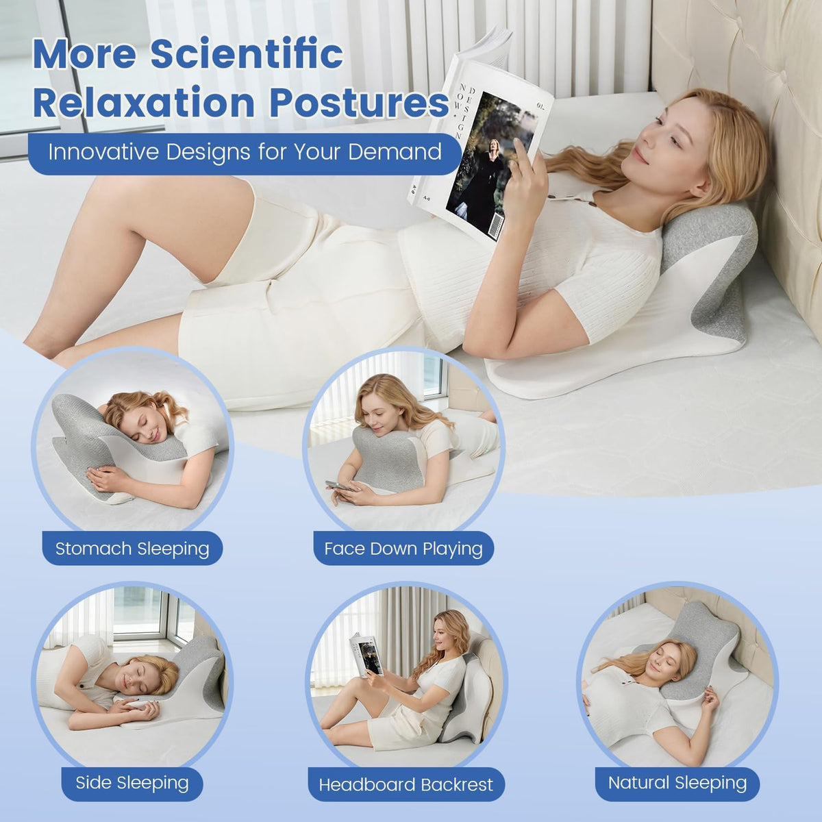 Reading Pillow for Bed, Ergonomic Memory Foam Bed Wedge Pillow for Headboard, Lying, Leaning and Prone, Chin & Back Support Pillows on Bedrest Floor Couch- Gray