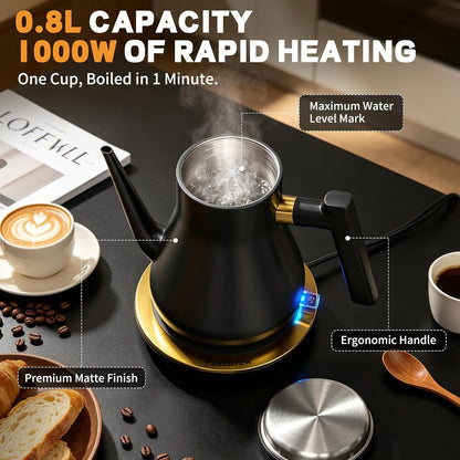 Gooseneck Electric Kettle 1000W | Pour Over Coffee Kettle with Steady Flow Spout & Balanced Handle, 0.8L Matte Black Tea Kettle for Home Barista Espresso Station Countertop- Black