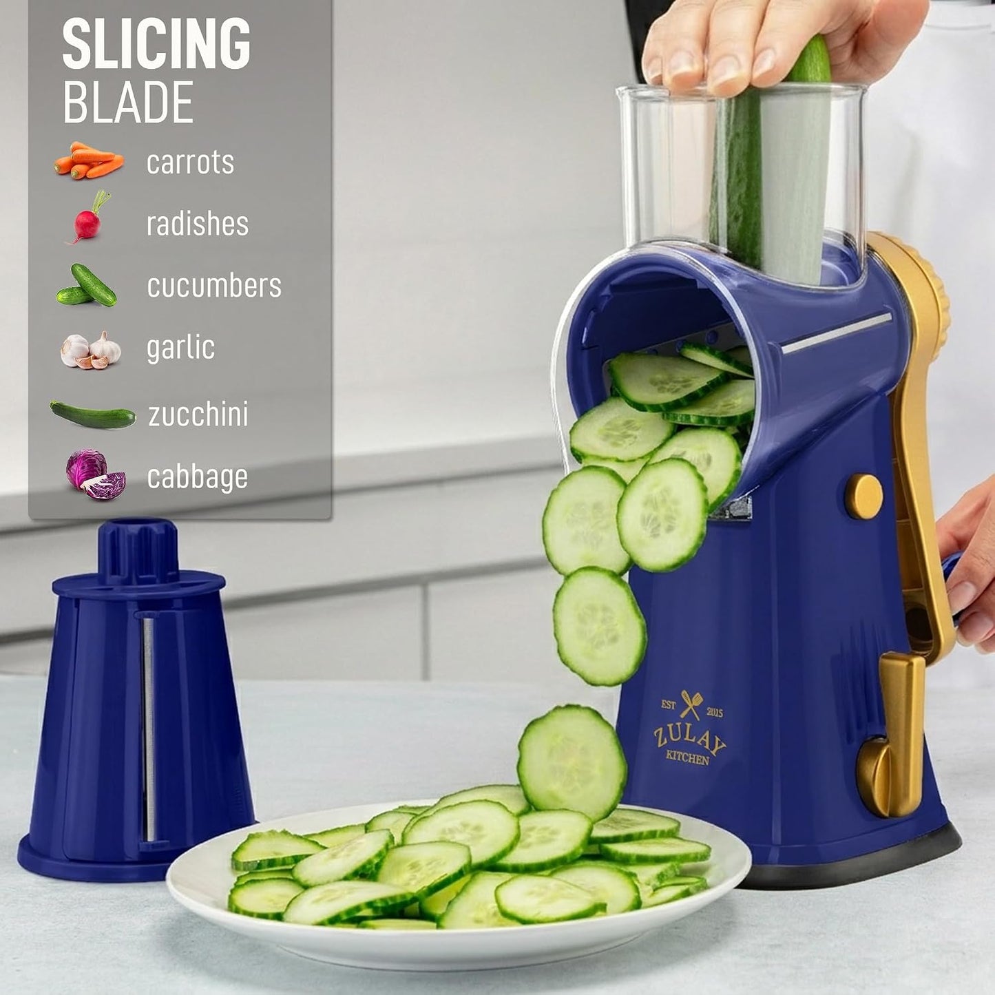 Zulay Kitchen Rotary Cheese Grater 5 Blade Cheese Shredder - Manual Hand Crank Cheese Grater With Reinforced Suction & 5 Interchangeable Drums - Easy to Use, Vegetable Chopper Round Mandoline Slicer - Colors A