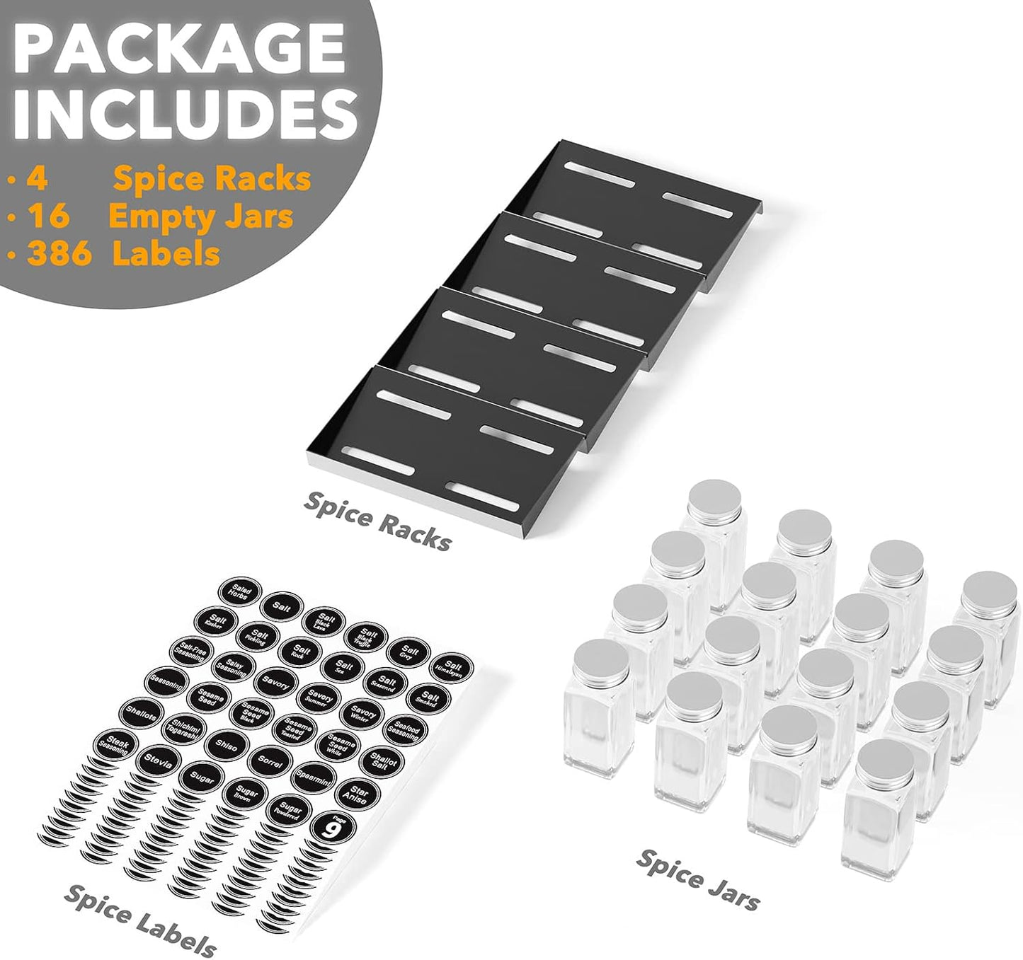 SpaceAid Spice Drawer Organizer with 28 Spice Jars, 386 Spice Labels, 4 Tier Seasoning Rack Tray Insert for Kitchen Drawers, 13" Wide x 17.5" Deep