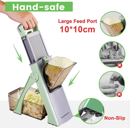 SupMaKin Safe Mandoline Slicer Plus for Kitchen Adjustable Vegetable Slicer | 0.1-8mm, Cut Resistant Stainless Steel Blades,Potato Fry Cutter, Onion Chopper, Detachable,Foldable Dishwasher Safe, Gifts