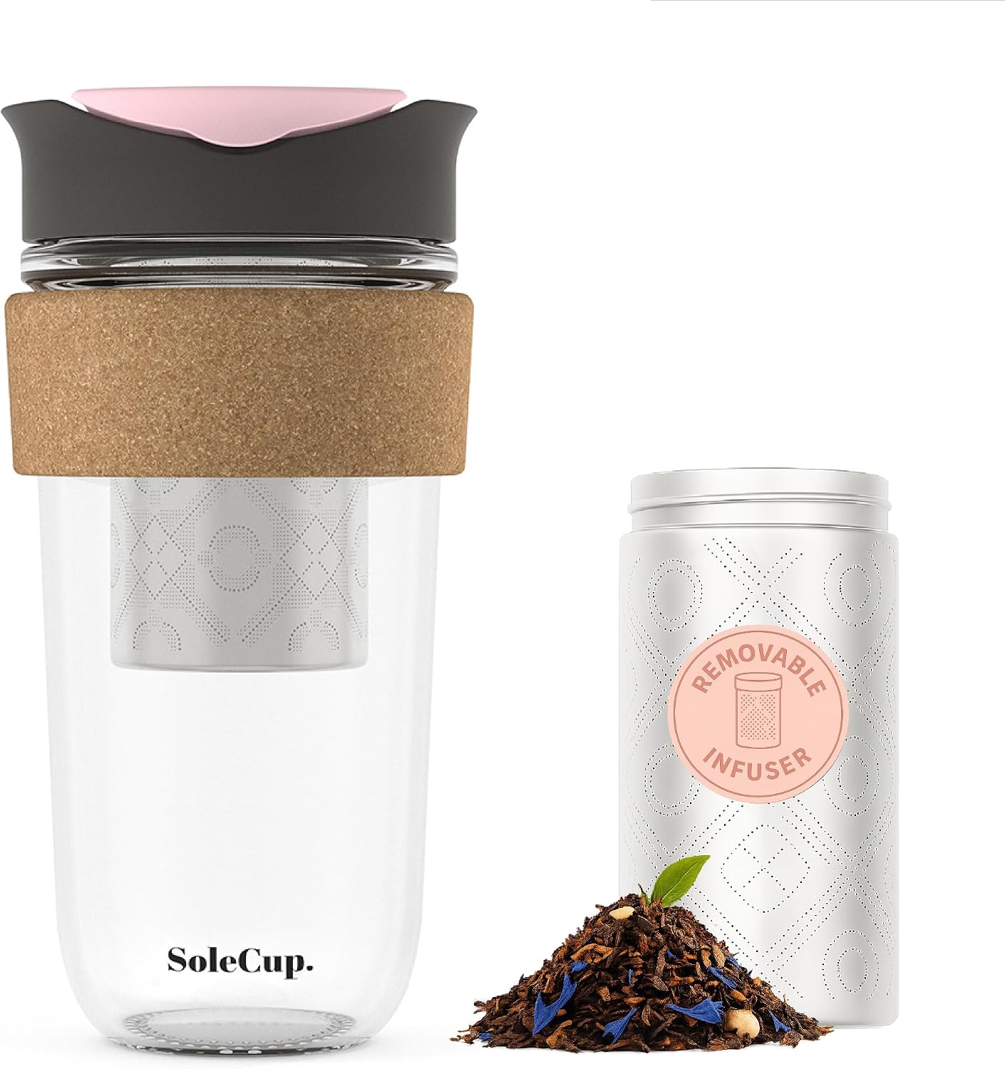 Large Travel Mug Loose Tea Infuser - Detachable Tea Strainer with Spill Proof Lid - 18oz/530ml BPA-Free Reusable Glass Travel Coffee Cup with Cork Band (Pink, 18oz)