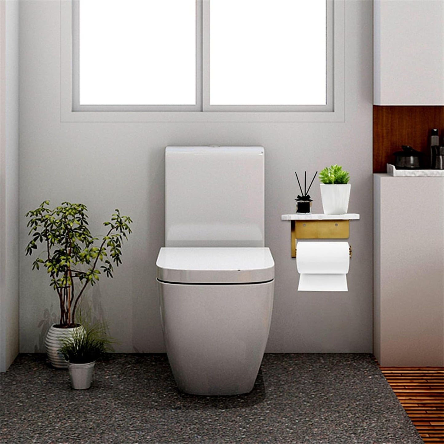 Toilet Paper Holder with Natural Marble Shelf for Bathroom Washroom,Wall Mounted Tissue Holder Suitable for Mega Roll (Brushed Nickel,Small 6.7 * 4.3 in)