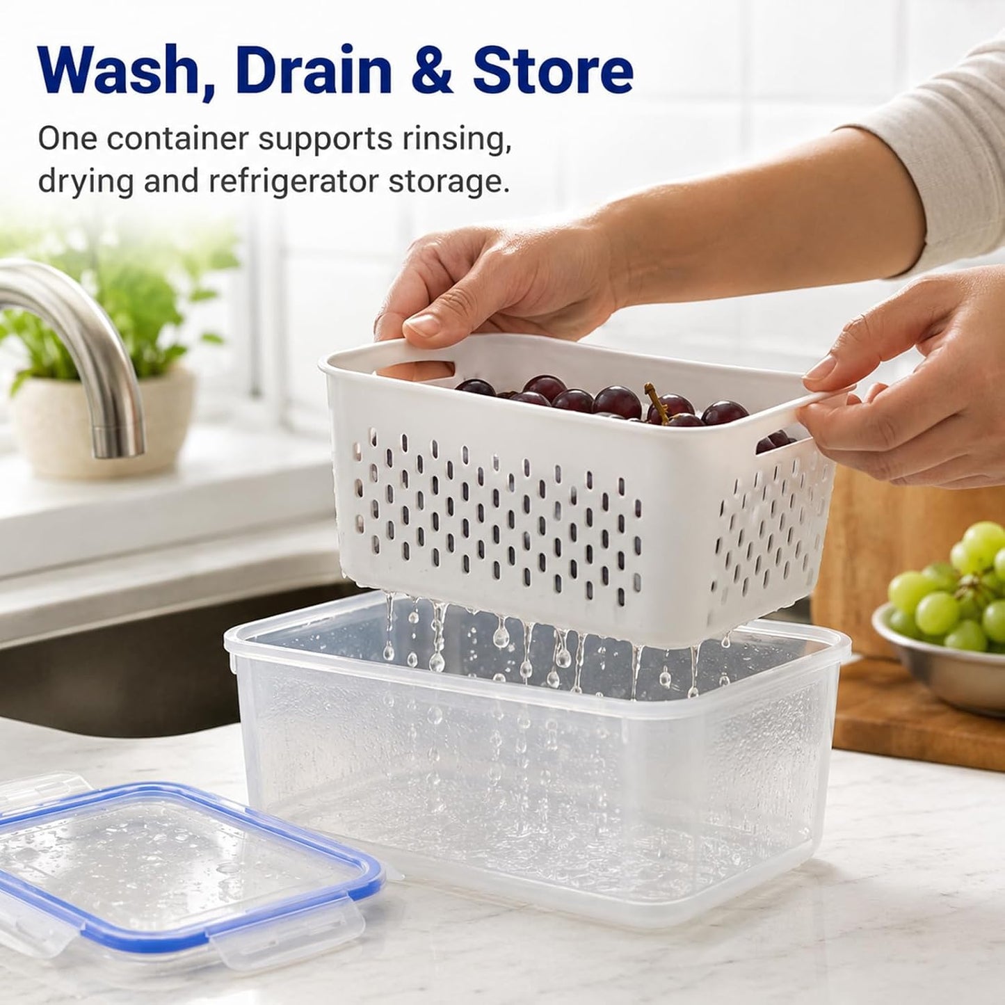 Fruit Containers 3Pcs – 4-in-1 with Removable Colanders & Lids, Fridge Fresh Storage, Dishwasher Safe