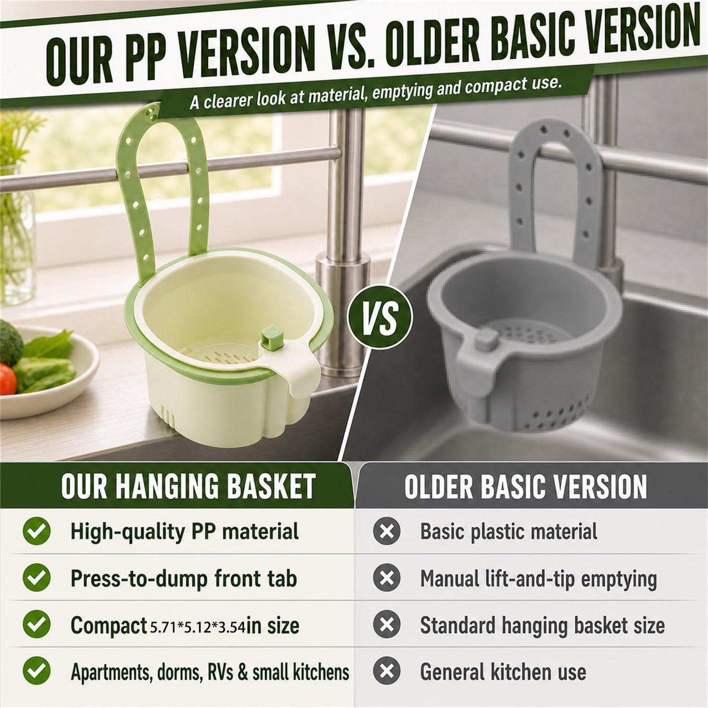 Hanging Sink Drain Basket, Press-to-Dump Kitchen Strainer Basket | Manual press-to-dump hanging sink basket with faucet hook and fine mesh for everyday kitchen draining