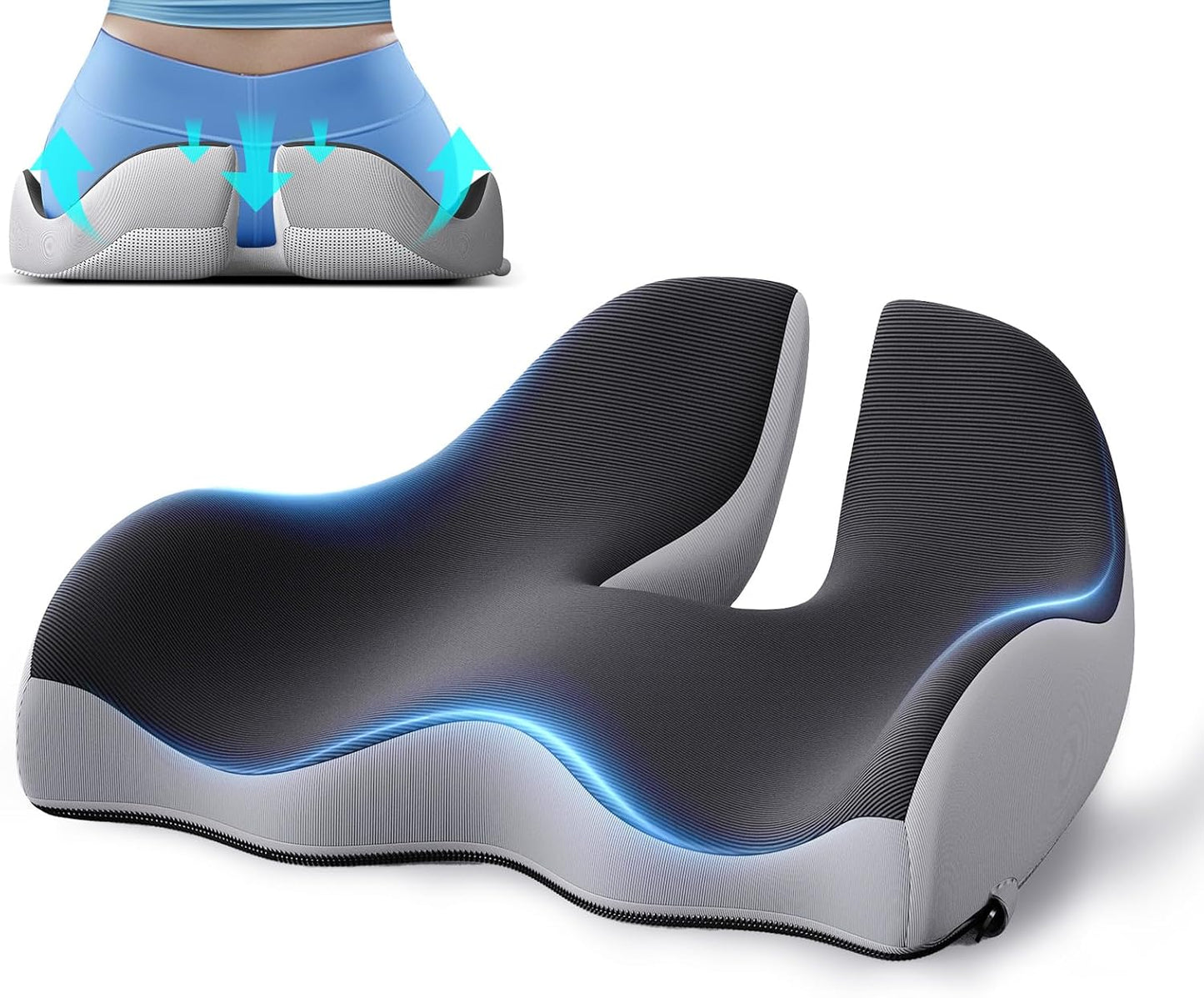 Benazcap Large Ergonomic Seat Cushion Relieves Sciatica & Tailbone Pain | Ergonomic memory foam relieves sitting strain, washable slip-resistant cover, fits office, car, gaming chairs all day