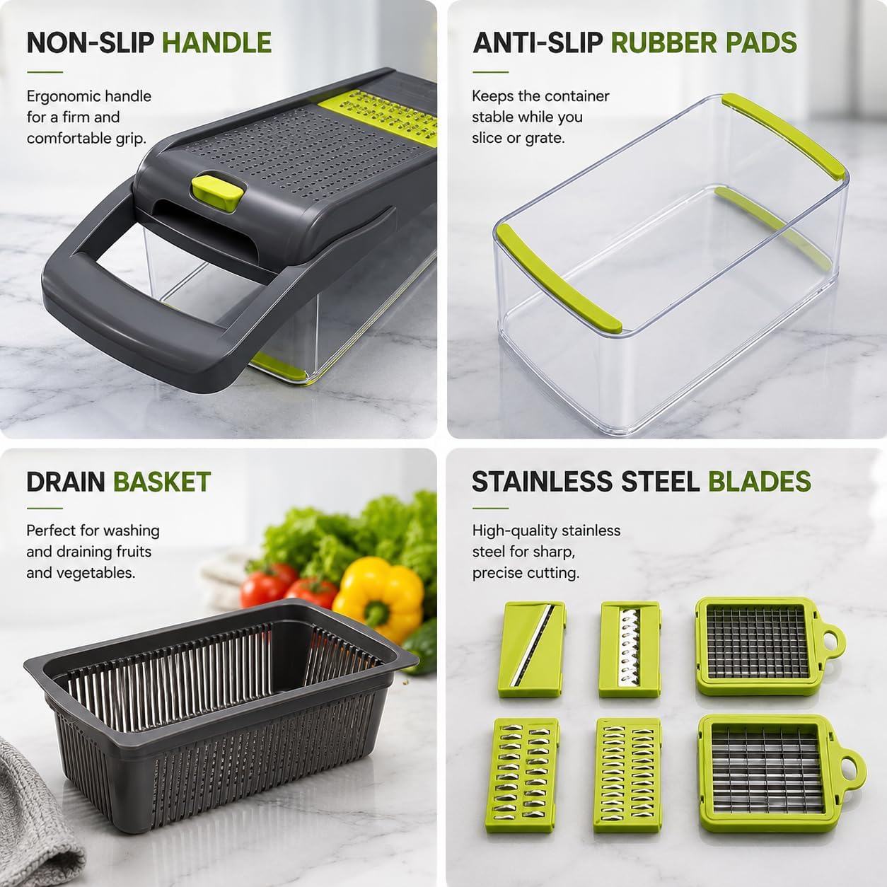 15-in-1 Vegetable Chopper and Mandoline Slicer, Onion Dicer with 8 Interchangeable Stainless Steel Blades, Food Container, Drain Basket, Safety Holder and Cleaning Tool for Fruits and Vegetables