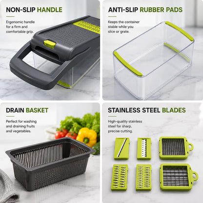 15-in-1 Vegetable Chopper and Mandoline Slicer, Onion Dicer with 8 Interchangeable Stainless Steel Blades, Food Container, Drain Basket, Safety Holder and Cleaning Tool for Fruits and Vegetables