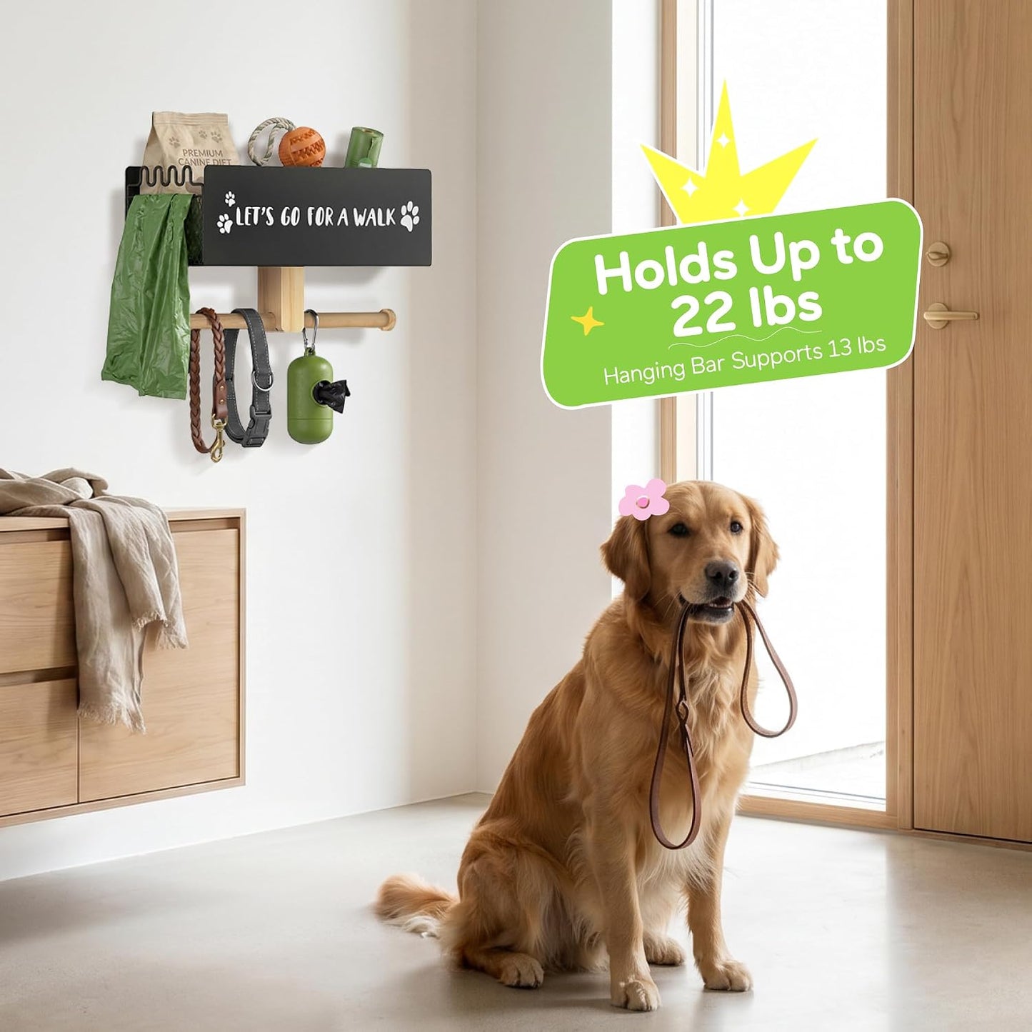 Dog Leash Holder for Wall with Basket, Key Holder, Entryway Pet Organizer | Holds 22 lbs for both dogs and cats homes. Stores leashes, collars, treats. Adhesive or screw mount fits rentals and homes
