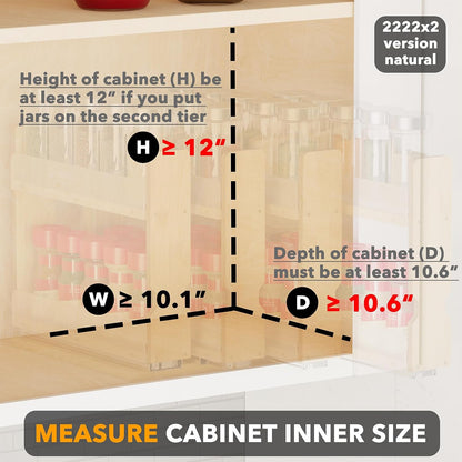 SpaceAid Bamboo Pull Out Spice Rack Organizer for Cabinet, Heavy Duty Slide Out Seasoning Kitchen Pantry Sliding Vertical Organization, 7.6" Wide, 3 Drawers(2" Wide), 2-Tier, Natural