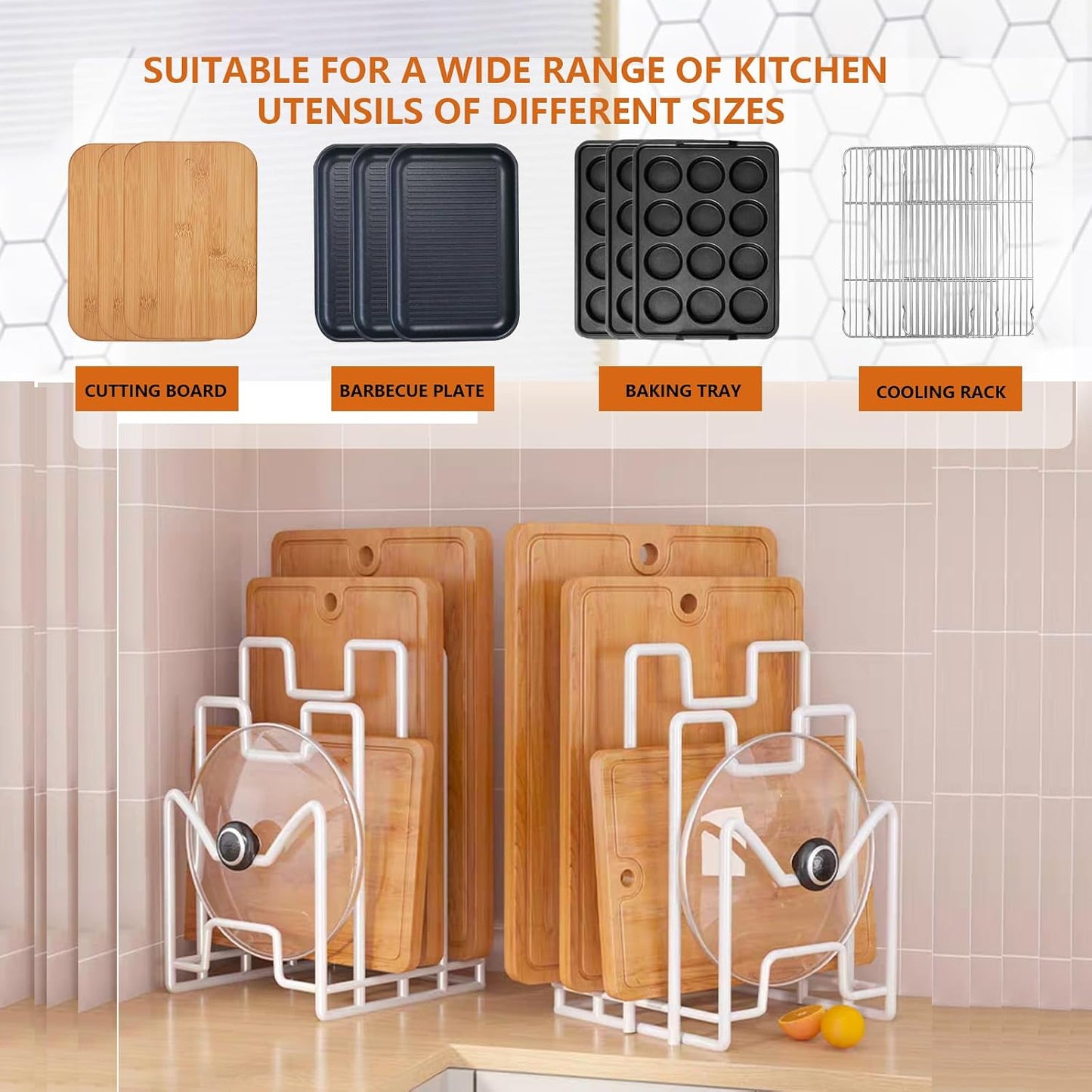 Multifunctional Cutting Board Organizer, Cutting Board Holder Rack Baking Cookie Pan Sheets Cooling Racks Storage Stand for Kitchen Cabinet -Divided Holder with 4 Slots (2PS Black)