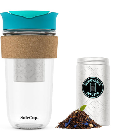 Large Travel Mug Loose Tea Infuser - Detachable Tea Strainer with Spill Proof Lid - 18oz/530ml BPA-Free Reusable Glass Travel Coffee Cup with Cork Band (Pink, 18oz)