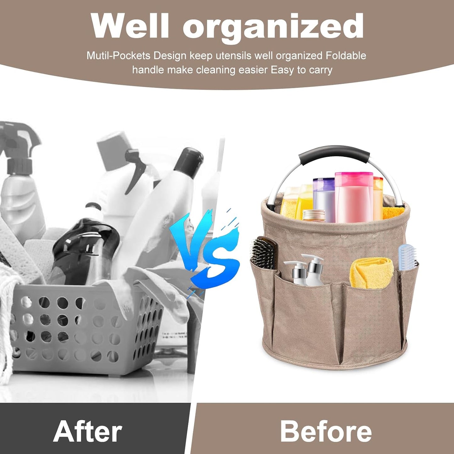 Qivine 17L Cleaning Caddy with Handle, Foldable Cleaning Supply Caddy(Blue) | Cleaning Caddy for Cleaning Supplies, Portable Cleaning Supplies Organizer with 6 Pockets, Cleaning Bucket for Kitchen Garden