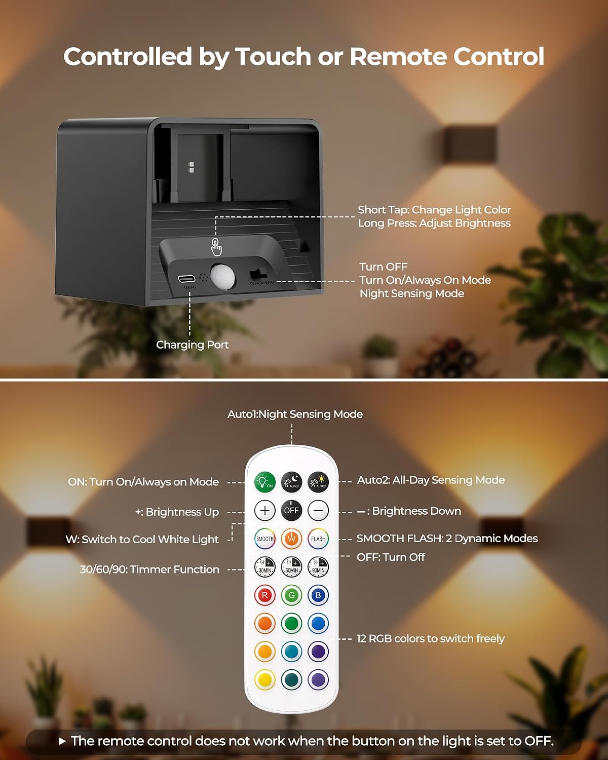 Motion Sensor Wall Lights with Remote, 5000mAh Rechargeable Battery Operated Wall Sconces, Wireless Indoor Up Down Lights, 12 RGB Colors, Warm Orange & Cool White for Hallway Stairs Bedroom, 2 Pack