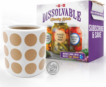 Dissolvable Canning Labels 0.5in Round, Removable Kraft Mason Jar Stickers | Water soluble, no residue, write on with pen, 200 per pack, jam, preserves, pantry, freezer, spice bottles, food storage